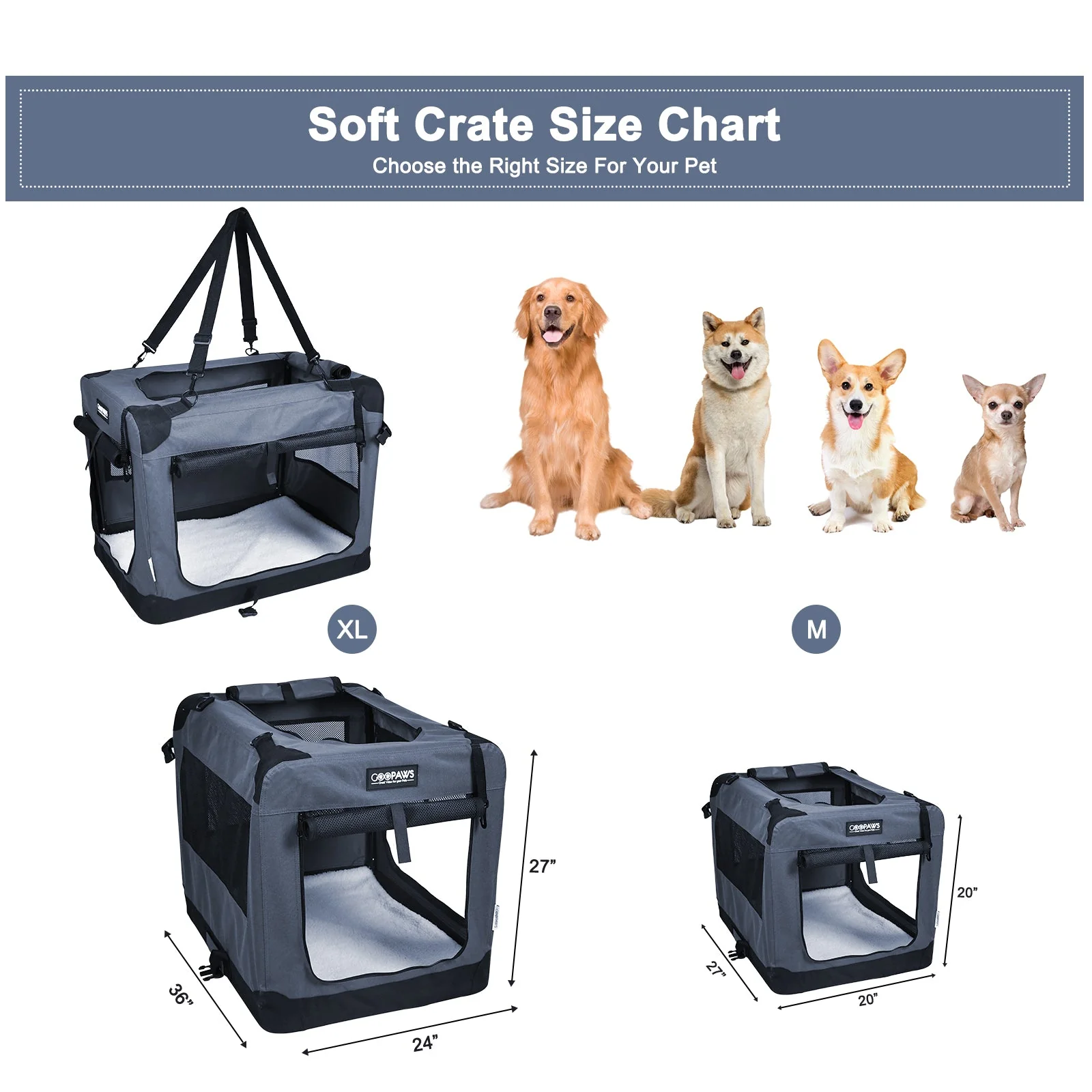 Jespet Indoor & Outdoor 3-Door Collapsible Soft-Sided Dog, Cat & Small Pet Crate, Gray, 36'' - Image 5